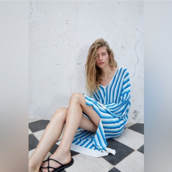 Zara Blue and White Striped Linen V-Neck Tunic Dress Bikini Cover Up Size L - Picture 1 of 16